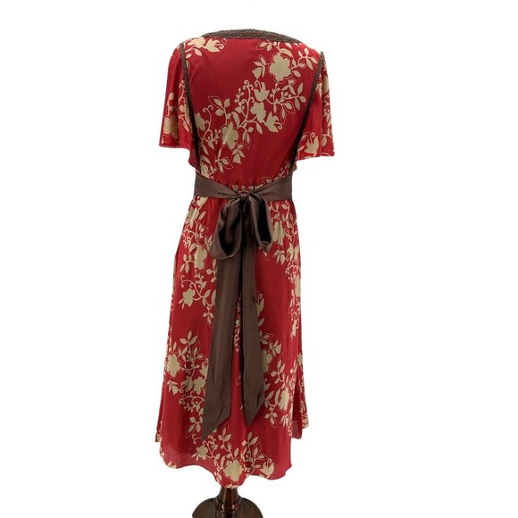 Anthroplogie Maeve Womens 6 Dress Silk Floral Flutter Sleeve Red Tan Cocktail - Picture 5 of 8